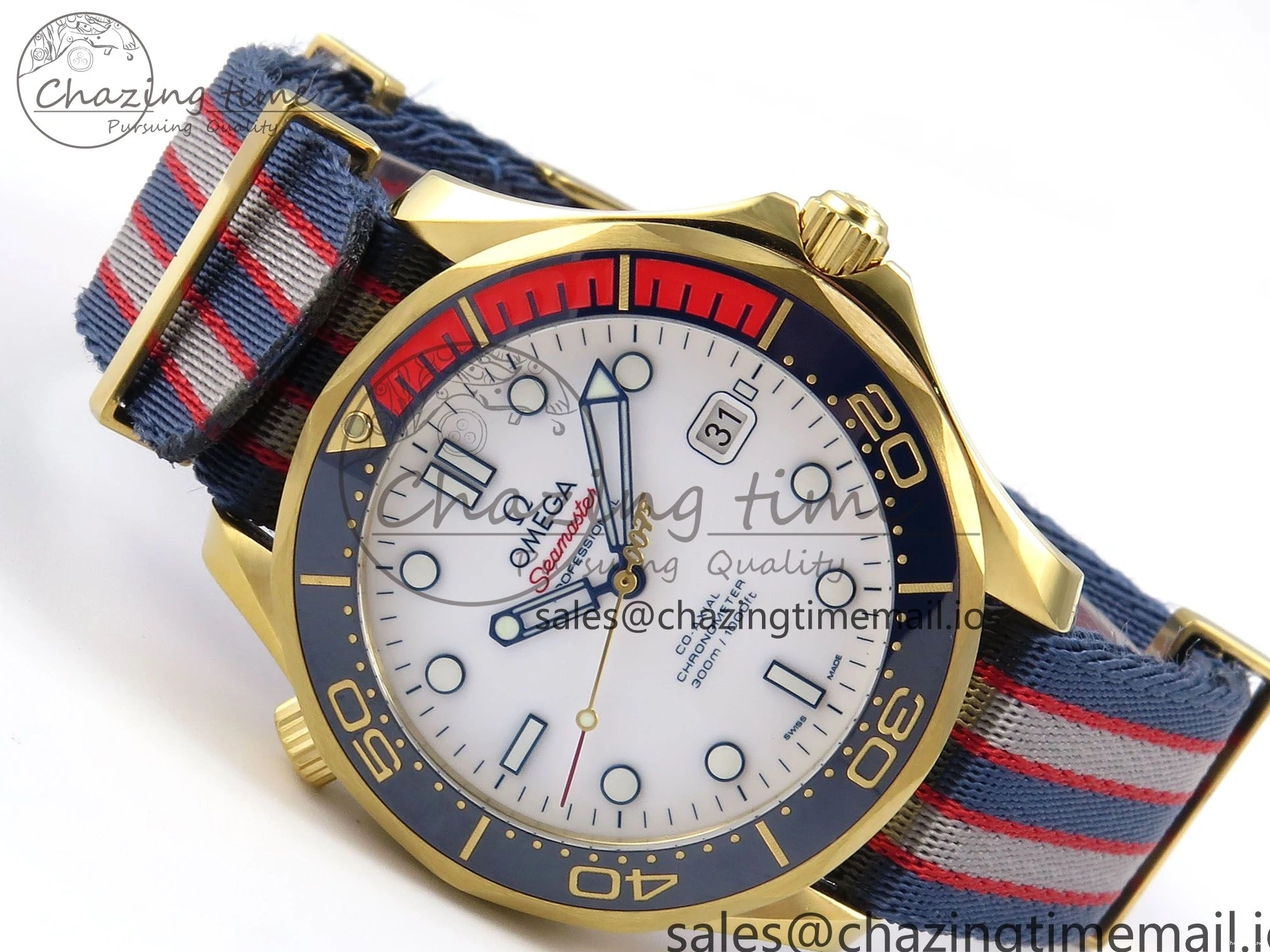 0408 Seamaster 300m Diver YG OMF 1:1 Best Edition Blue Orange Ceramic White Dial on Blue Nato Strap A Colorful 7704